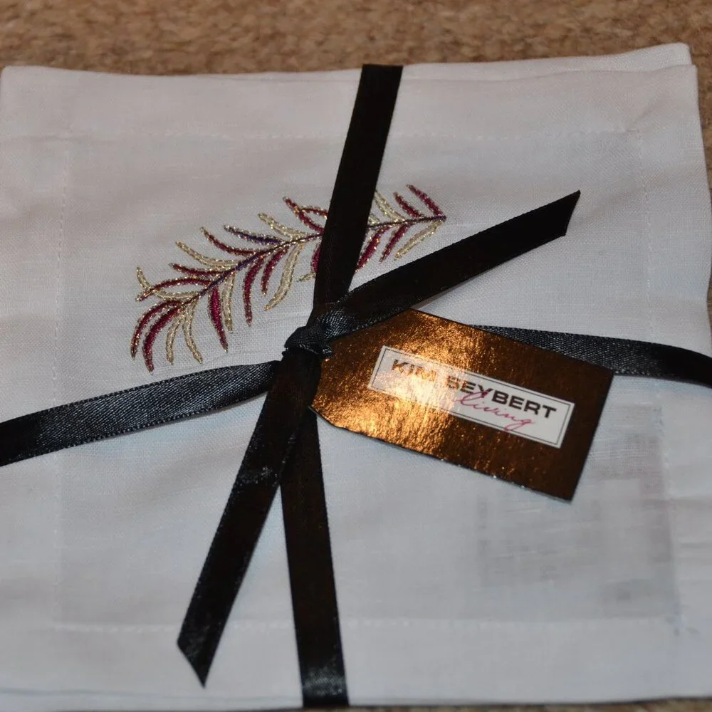 RARE SET KIM SEYBERT LIVING 4 PURPLE EMBROIDERED FEATHER COCKTAIL BAR NAPKINS